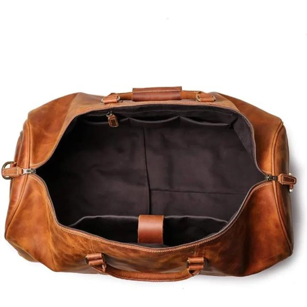 24 Inch Leather Travel Weekend Luggage Bag with Ykk Zipper Mens Duffle Retro